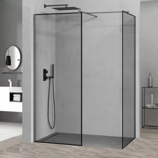 HD Velence Black-Grey Kombi Walk-In zuhanyfal, 70x120 cm, 8 mm vastag vízlepergető biztonsági üveggel, 200 cm magas, szürke profillal és távtartóval, fekete kerettel