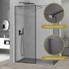 HD Velence Black-Grey Kombi Walk-In zuhanyfal 8 mm vastag vízlepergető biztonsági üveggel, 200 cm magas, szürke profillal és távtartóval, fekete kerettel