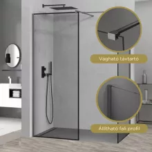 HD Velence Black-Grey Kombi Walk-In zuhanyfal, 70x120 cm, 8 mm vastag vízlepergető biztonsági üveggel, 200 cm magas, szürke profillal és távtartóval, fekete kerettel