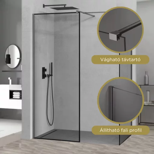 HD Velence Black-Grey Kombi Walk-In zuhanyfal, 70x120 cm, 8 mm vastag vízlepergető biztonsági üveggel, 200 cm magas, szürke profillal és távtartóval, fekete kerettel