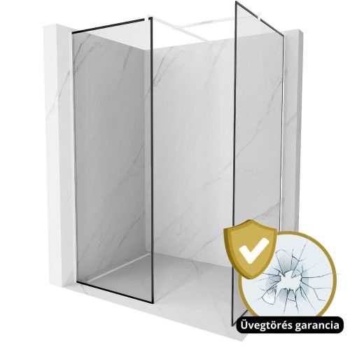 HD Velence Black-White Kombi Walk-In zuhanyfal, 90x70 cm, 8 mm vastag vízlepergető biztonsági üveggel, 200 cm magas, fehér profillal és távtartóval, fekete kerettel