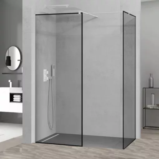 HD Velence Black-White Kombi Walk-In zuhanyfal 8 mm vastag vízlepergető biztonsági üveggel, 200 cm magas, fehér profillal és távtartóval, fekete kerettel