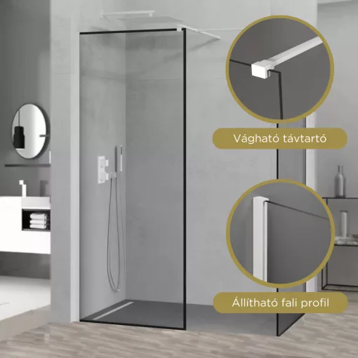 HD Velence Black-White Kombi Walk-In zuhanyfal 8 mm vastag vízlepergető biztonsági üveggel, 200 cm magas, fehér profillal és távtartóval, fekete kerettel