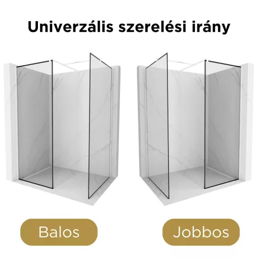 HD Velence Black-White Kombi Walk-In zuhanyfal 8 mm vastag vízlepergető biztonsági üveggel, 200 cm magas, fehér profillal és távtartóval, fekete kerettel