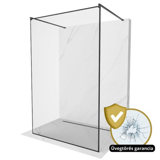 HD Velence Light Black szabadonálló Walk-In zuhanyfal, 100x200 cm, 8 mm vastag vízlepergető biztonsági üveggel, 200 cm magas, két távtartóval, fekete kerettel