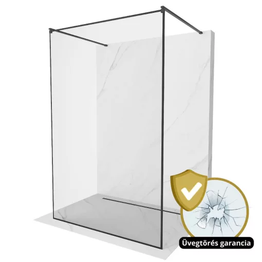 HD Velence Light Black szabadonálló Walk-In zuhanyfal 8 mm vastag vízlepergető biztonsági üveggel, 200 cm magas, két távtartóval, fekete kerettel