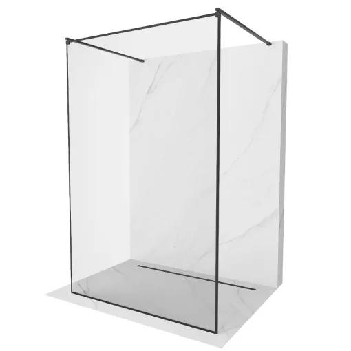 HD Velence Light Black szabadonálló Walk-In zuhanyfal 8 mm vastag vízlepergető biztonsági üveggel, 200 cm magas, két távtartóval, fekete kerettel