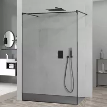 HD Velence Light Black szabadonálló Walk-In zuhanyfal 8 mm vastag vízlepergető biztonsági üveggel, 200 cm magas, két távtartóval, fekete kerettel