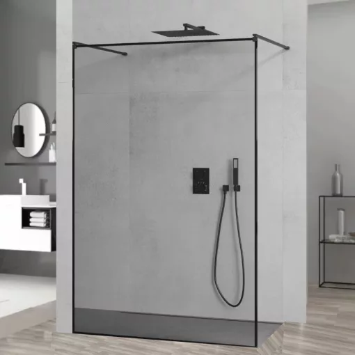 HD Velence Light Black szabadonálló Walk-In zuhanyfal 8 mm vastag vízlepergető biztonsági üveggel, 200 cm magas, két távtartóval, fekete kerettel