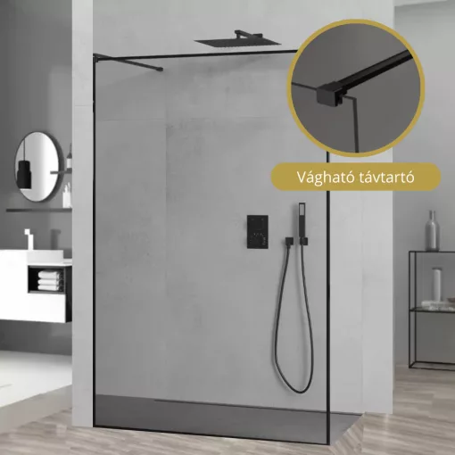 HD Velence Light Black szabadonálló Walk-In zuhanyfal 8 mm vastag vízlepergető biztonsági üveggel, 200 cm magas, két távtartóval, fekete kerettel