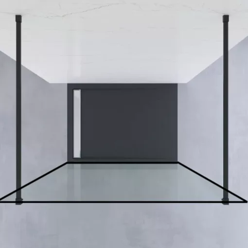HD Velence Light Black szabadonálló Walk-In zuhanyfal 8 mm vastag vízlepergető biztonsági üveggel, 200 cm magas, két távtartóval, fekete kerettel