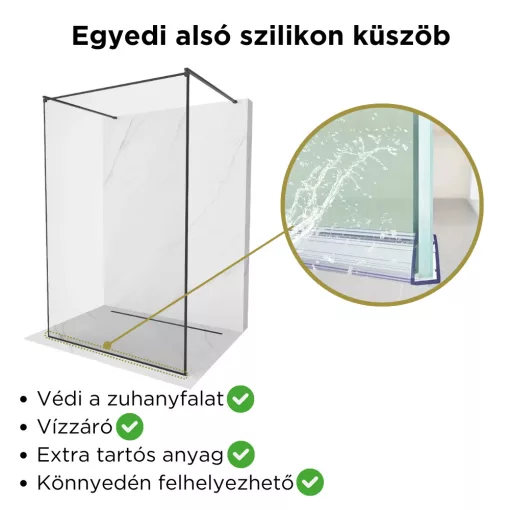 HD Velence Light Black szabadonálló Walk-In zuhanyfal 8 mm vastag vízlepergető biztonsági üveggel, 200 cm magas, két távtartóval, fekete kerettel