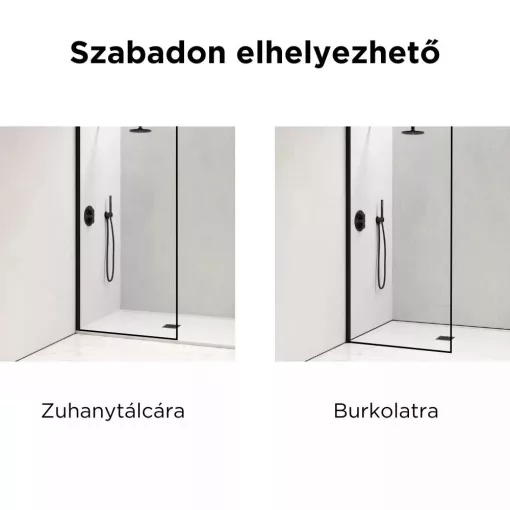 HD Velence Light Black szabadonálló Walk-In zuhanyfal 8 mm vastag vízlepergető biztonsági üveggel, 200 cm magas, két távtartóval, fekete kerettel