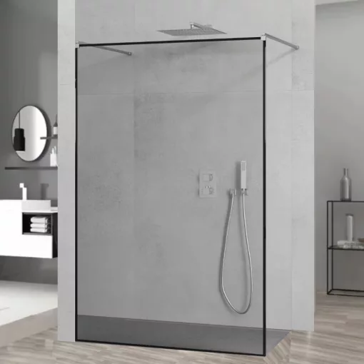 HD Velence Light Black-Chrome szabadonálló Walk-In zuhanyfal, 90x200 cm, 8 mm vastag vízlepergető biztonsági üveggel, 200 cm magas, két távtartóval, fekete kerettel