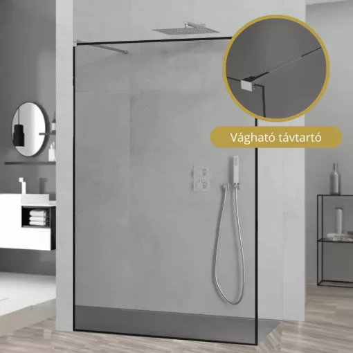 HD Velence Light Black-Chrome szabadonálló Walk-In zuhanyfal, 90x200 cm, 8 mm vastag vízlepergető biztonsági üveggel, 200 cm magas, két távtartóval, fekete kerettel