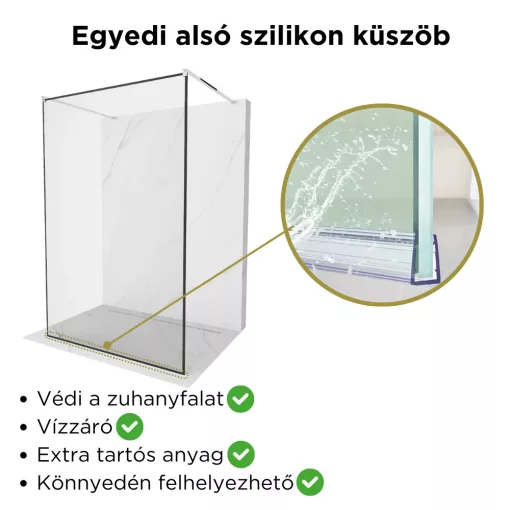 HD Velence Light Black-Chrome szabadonálló Walk-In zuhanyfal, 90x200 cm, 8 mm vastag vízlepergető biztonsági üveggel, 200 cm magas, két távtartóval, fekete kerettel
