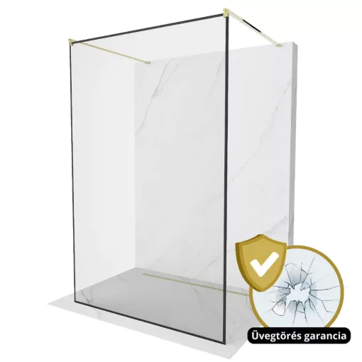 HD Velence Light Black-Gold szabadonálló Walk-In zuhanyfal, 130x200 cm, 8 mm vastag vízlepergető biztonsági üveggel, 200 cm magas, két távtartóval, fekete kerettel