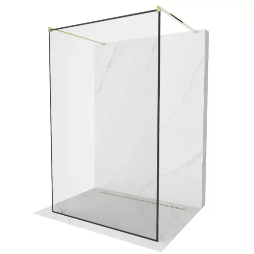HD Velence Light Black-Gold szabadonálló Walk-In zuhanyfal, 130x200 cm, 8 mm vastag vízlepergető biztonsági üveggel, 200 cm magas, két távtartóval, fekete kerettel