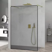 HD Velence Light Black-Gold szabadonálló Walk-In zuhanyfal, 130x200 cm, 8 mm vastag vízlepergető biztonsági üveggel, 200 cm magas, két távtartóval, fekete kerettel