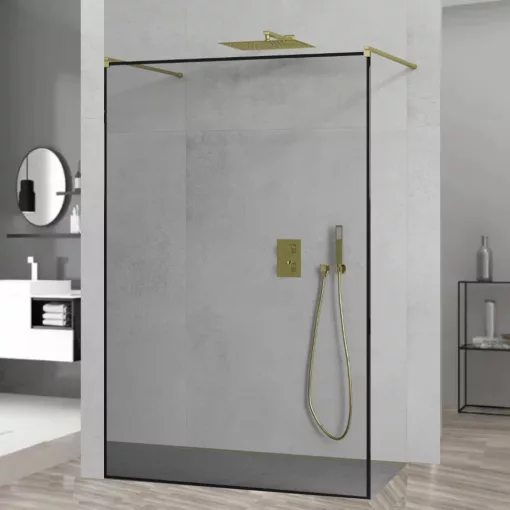 HD Velence Light Black-Gold szabadonálló Walk-In zuhanyfal, 130x200 cm, 8 mm vastag vízlepergető biztonsági üveggel, 200 cm magas, két távtartóval, fekete kerettel