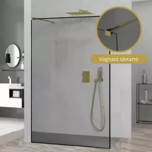 HD Velence Light Black-Gold szabadonálló Walk-In zuhanyfal, 130x200 cm, 8 mm vastag vízlepergető biztonsági üveggel, 200 cm magas, két távtartóval, fekete kerettel