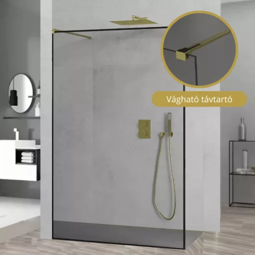 HD Velence Light Black-Gold szabadonálló Walk-In zuhanyfal, 130x200 cm, 8 mm vastag vízlepergető biztonsági üveggel, 200 cm magas, két távtartóval, fekete kerettel