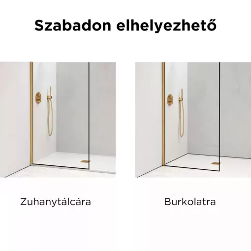 HD Velence Light Black-Gold szabadonálló Walk-In zuhanyfal, 130x200 cm, 8 mm vastag vízlepergető biztonsági üveggel, 200 cm magas, két távtartóval, fekete kerettel