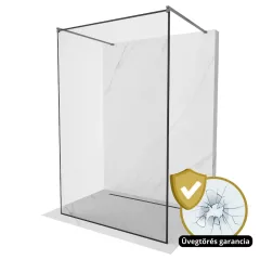   HD Velence Light Black-Grey szabadonálló Walk-In zuhanyfal 8 mm vastag vízlepergető biztonsági üveggel, 200 cm magas, két távtartóval, fekete kerettel