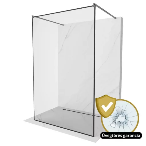 HD Velence Light Black-Grey szabadonálló Walk-In zuhanyfal 8 mm vastag vízlepergető biztonsági üveggel, 200 cm magas, két távtartóval, fekete kerettel