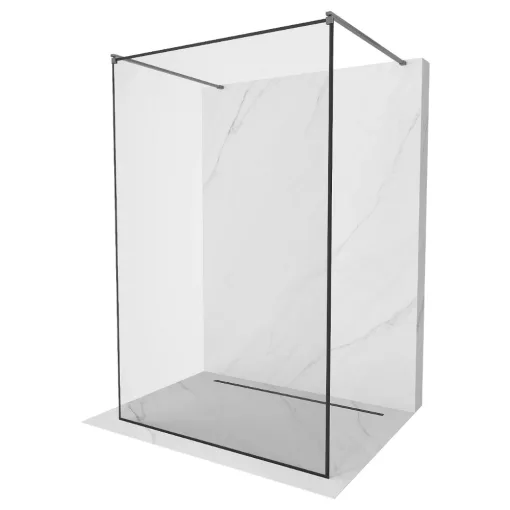 HD Velence Light Black-Grey szabadonálló Walk-In zuhanyfal 8 mm vastag vízlepergető biztonsági üveggel, 200 cm magas, két távtartóval, fekete kerettel
