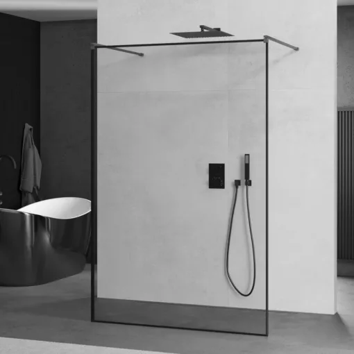 HD Velence Light Black-Grey szabadonálló Walk-In zuhanyfal 8 mm vastag vízlepergető biztonsági üveggel, 200 cm magas, két távtartóval, fekete kerettel
