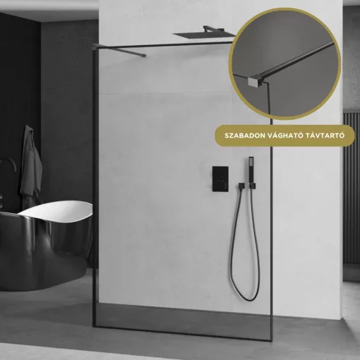 HD Velence Light Black-Grey szabadonálló Walk-In zuhanyfal 8 mm vastag vízlepergető biztonsági üveggel, 200 cm magas, két távtartóval, fekete kerettel