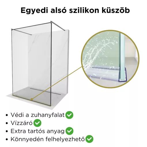 HD Velence Light Black-Grey szabadonálló Walk-In zuhanyfal 8 mm vastag vízlepergető biztonsági üveggel, 200 cm magas, két távtartóval, fekete kerettel