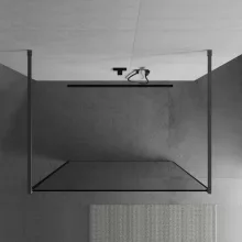 HD Velence Light Black-Grey szabadonálló Walk-In zuhanyfal 8 mm vastag vízlepergető biztonsági üveggel, 200 cm magas, két távtartóval, fekete kerettel