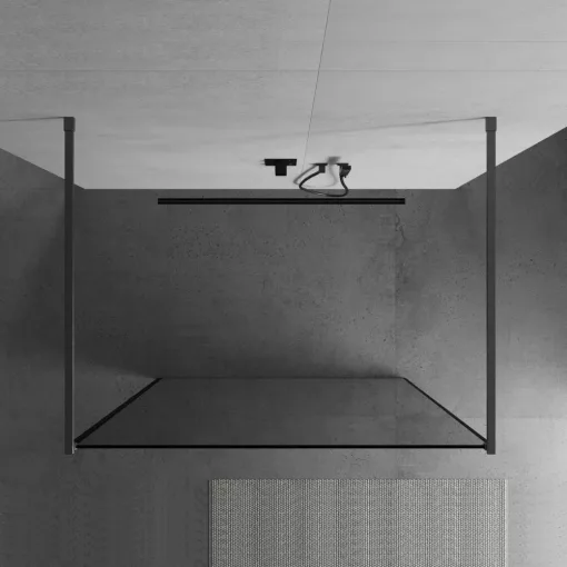 HD Velence Light Black-Grey szabadonálló Walk-In zuhanyfal 8 mm vastag vízlepergető biztonsági üveggel, 200 cm magas, két távtartóval, fekete kerettel