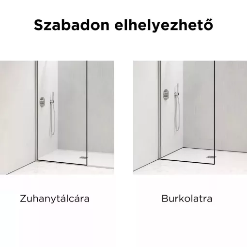 HD Velence Light Black-Grey szabadonálló Walk-In zuhanyfal 8 mm vastag vízlepergető biztonsági üveggel, 200 cm magas, két távtartóval, fekete kerettel