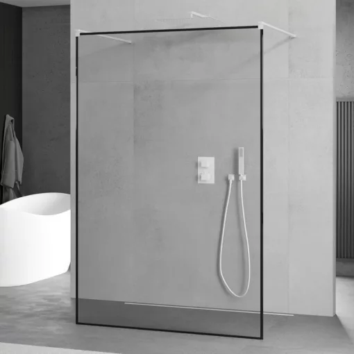 HD Velence Light Black-White szabadonálló Walk-In zuhanyfal 8 mm vastag vízlepergető biztonsági üveggel, 200 cm magas, két távtartóval, fekete kerettel