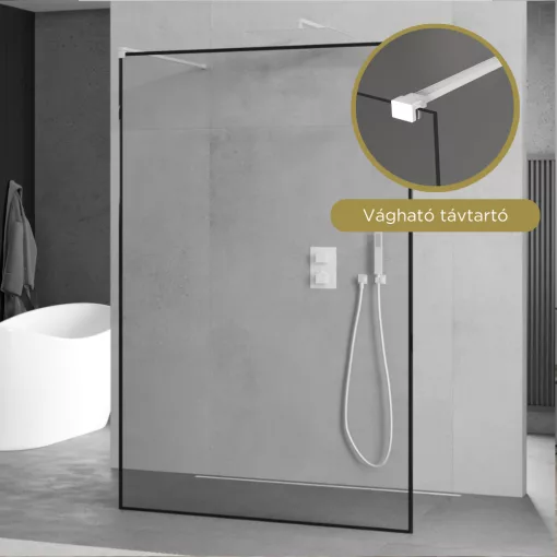 HD Velence Light Black-White szabadonálló Walk-In zuhanyfal 8 mm vastag vízlepergető biztonsági üveggel, 200 cm magas, két távtartóval, fekete kerettel