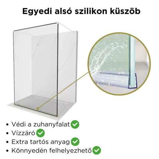HD Velence Light Black-White szabadonálló Walk-In zuhanyfal 8 mm vastag vízlepergető biztonsági üveggel, 200 cm magas, két távtartóval, fekete kerettel