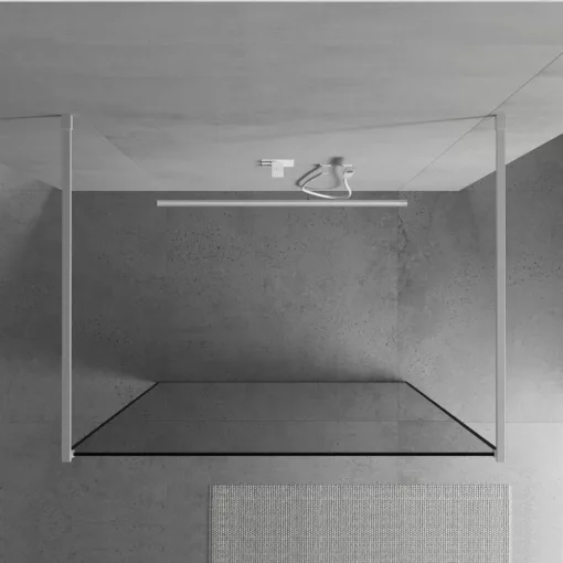 HD Velence Light Black-White szabadonálló Walk-In zuhanyfal 8 mm vastag vízlepergető biztonsági üveggel, 200 cm magas, két távtartóval, fekete kerettel