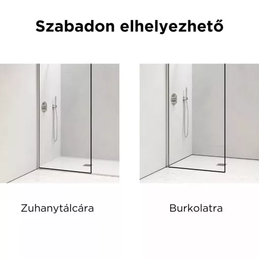 HD Velence Light Black-White szabadonálló Walk-In zuhanyfal 8 mm vastag vízlepergető biztonsági üveggel, 200 cm magas, két távtartóval, fekete kerettel