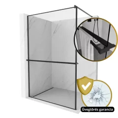   HD Velence+ Black Walk-In zuhanyfal 8 mm vastag vízlepergető biztonsági üveggel, 200 cm magas, fekete profillal és távtartóval, fekete kerettel