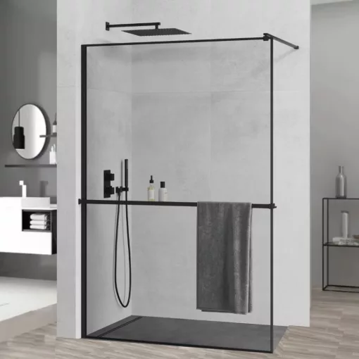 HD Velence+ Black Walk-In zuhanyfal, 100x200 cm, 8 mm vastag vízlepergető biztonsági üveggel, 200 cm magas, fekete profillal és távtartóval, fekete kerettel