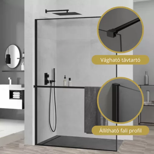 HD Velence+ Black Walk-In zuhanyfal, 100x200 cm, 8 mm vastag vízlepergető biztonsági üveggel, 200 cm magas, fekete profillal és távtartóval, fekete kerettel
