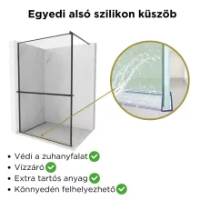 HD Velence+ Black Walk-In zuhanyfal, 100x200 cm, 8 mm vastag vízlepergető biztonsági üveggel, 200 cm magas, fekete profillal és távtartóval, fekete kerettel
