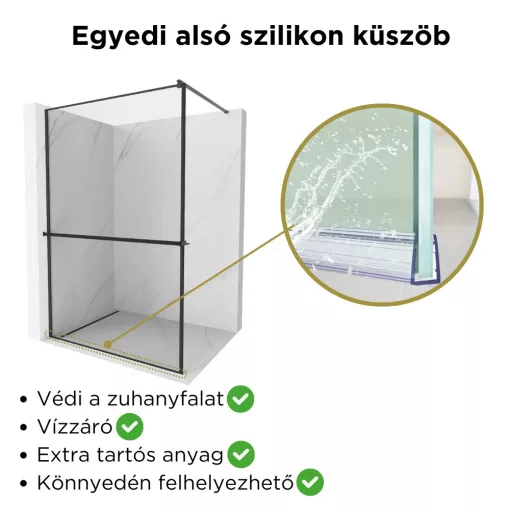 HD Velence+ Black Walk-In zuhanyfal, 100x200 cm, 8 mm vastag vízlepergető biztonsági üveggel, 200 cm magas, fekete profillal és távtartóval, fekete kerettel