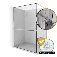HD Velence+ Black-Chrome Walk-In zuhanyfal, 140x200 cm, 8 mm vastag vízlepergető biztonsági üveggel, 200 cm magas, króm profillal és távtartóval, fekete kerettel