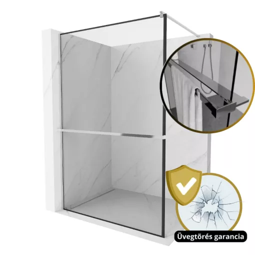 HD Velence+ Black-Chrome Walk-In zuhanyfal, 140x200 cm, 8 mm vastag vízlepergető biztonsági üveggel, 200 cm magas, króm profillal és távtartóval, fekete kerettel