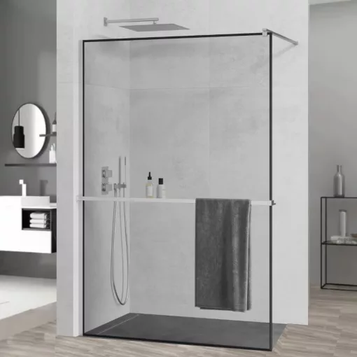 HD Velence+ Black-Chrome Walk-In zuhanyfal, 140x200 cm, 8 mm vastag vízlepergető biztonsági üveggel, 200 cm magas, króm profillal és távtartóval, fekete kerettel