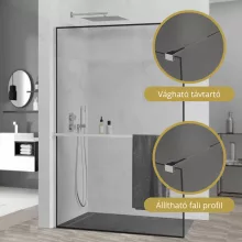 HD Velence+ Black-Chrome Walk-In zuhanyfal, 140x200 cm, 8 mm vastag vízlepergető biztonsági üveggel, 200 cm magas, króm profillal és távtartóval, fekete kerettel